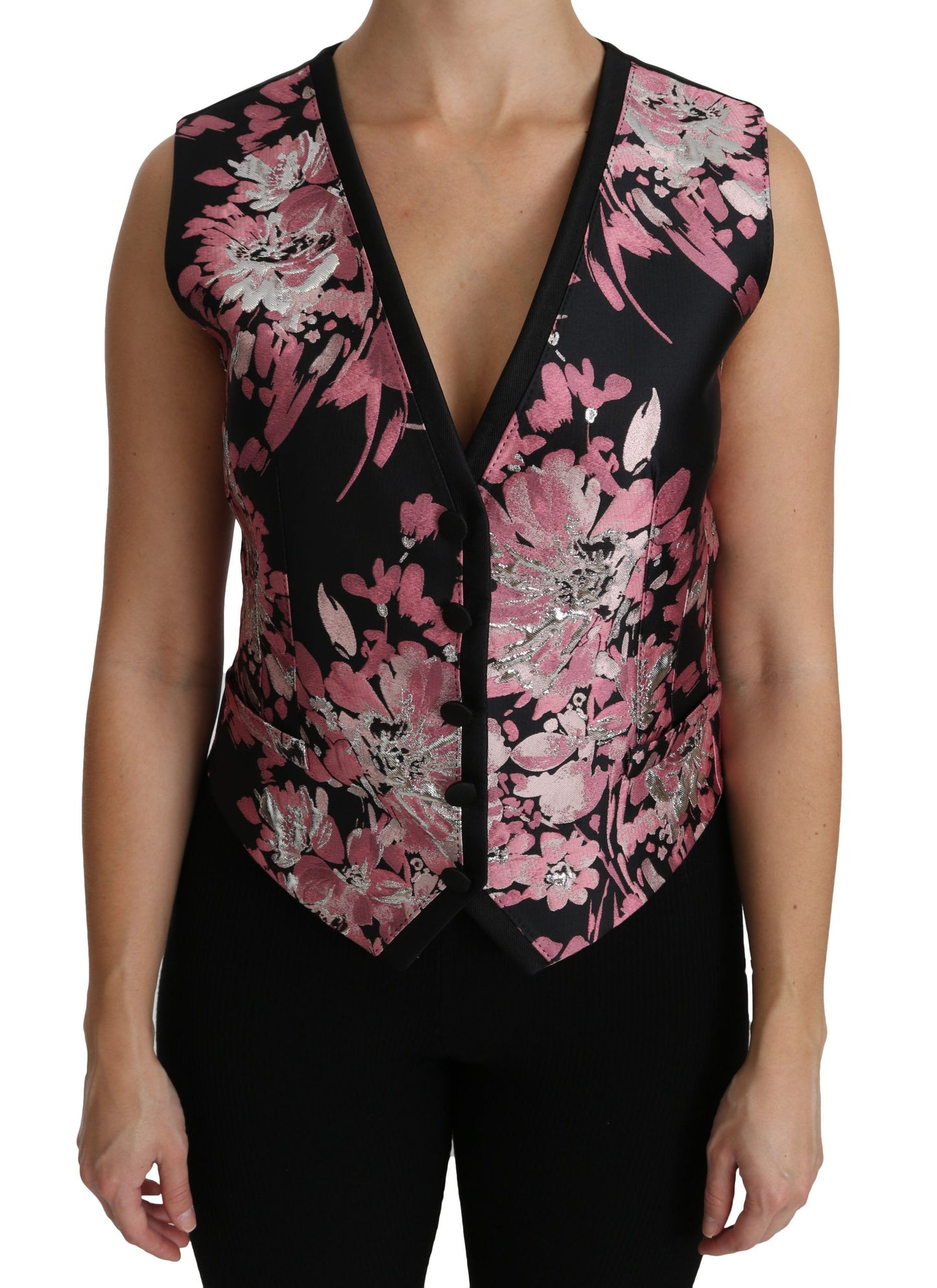  - Elegant Floral Brocade Plunging Vest Top