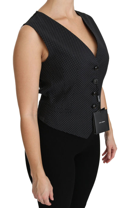  - Chic Black Dotted Wool Blend Sleeveless Vest