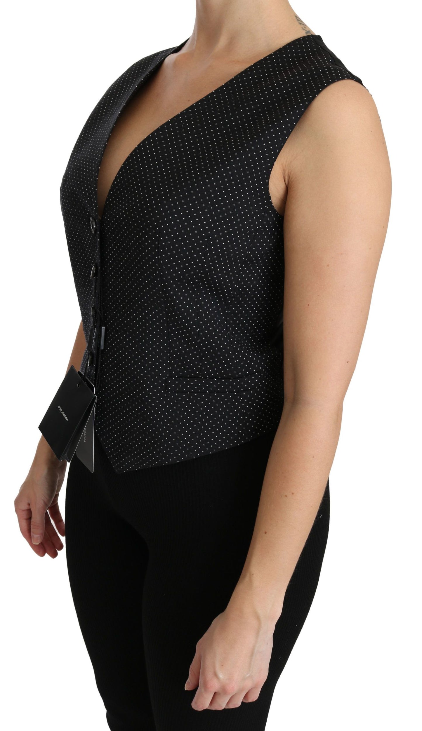  - Chic Black Dotted Wool Blend Sleeveless Vest