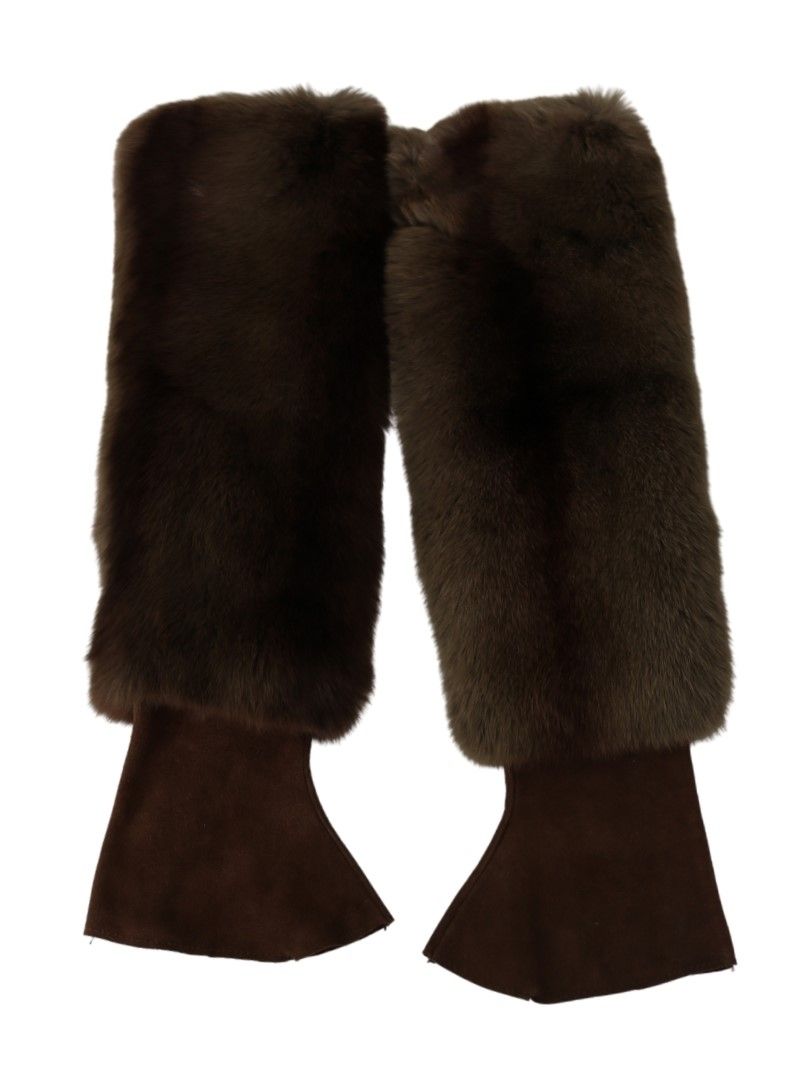  - Elegant Brown Fur & Leather Elbow-Length Gloves