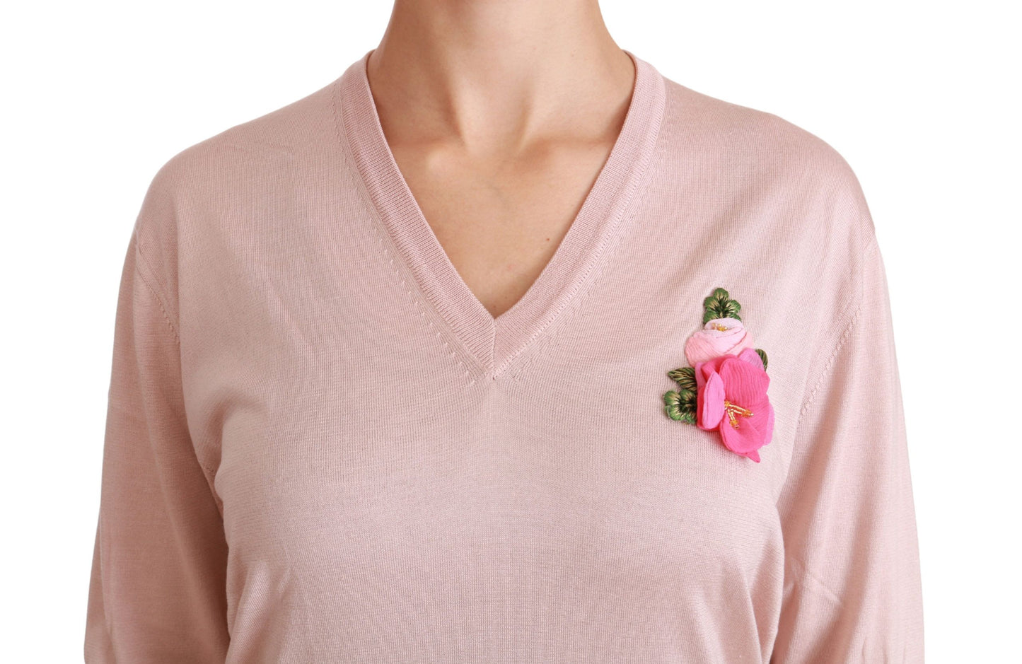  - Pink Floral Silk V-Neck Sweater