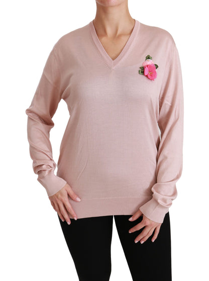  - Pink Floral Silk V-Neck Sweater