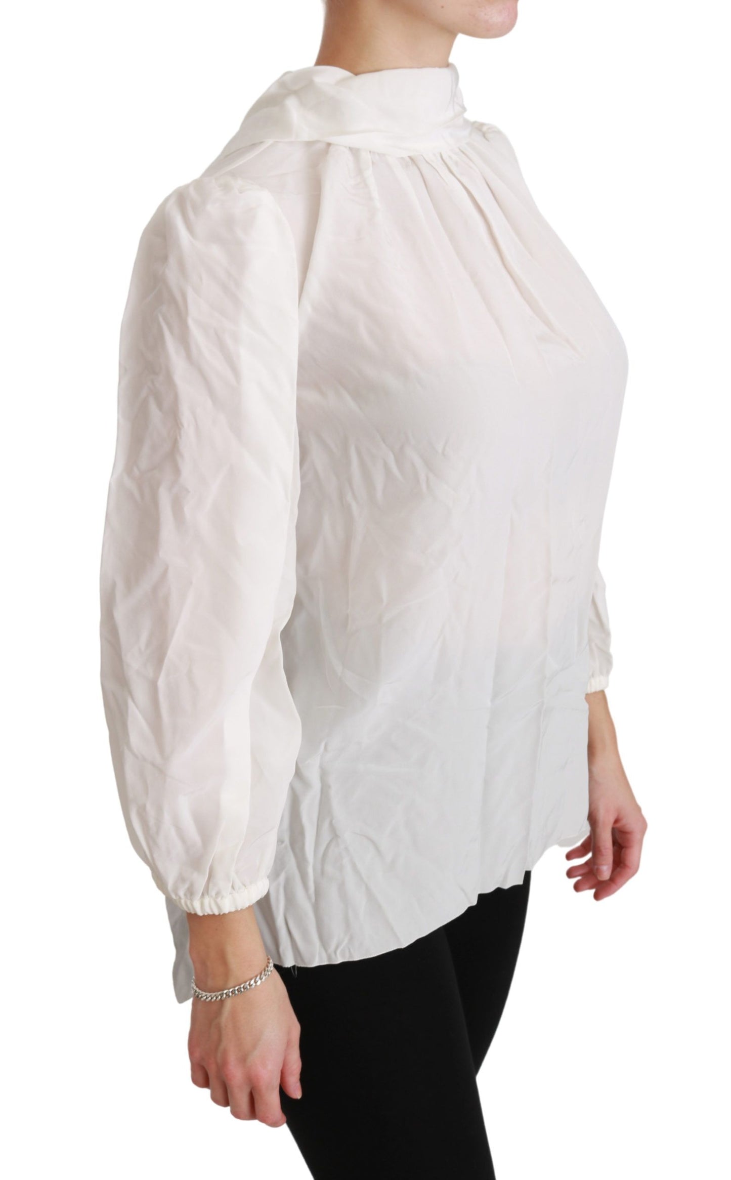  - Elegant White Silk Turtle Neck Blouse