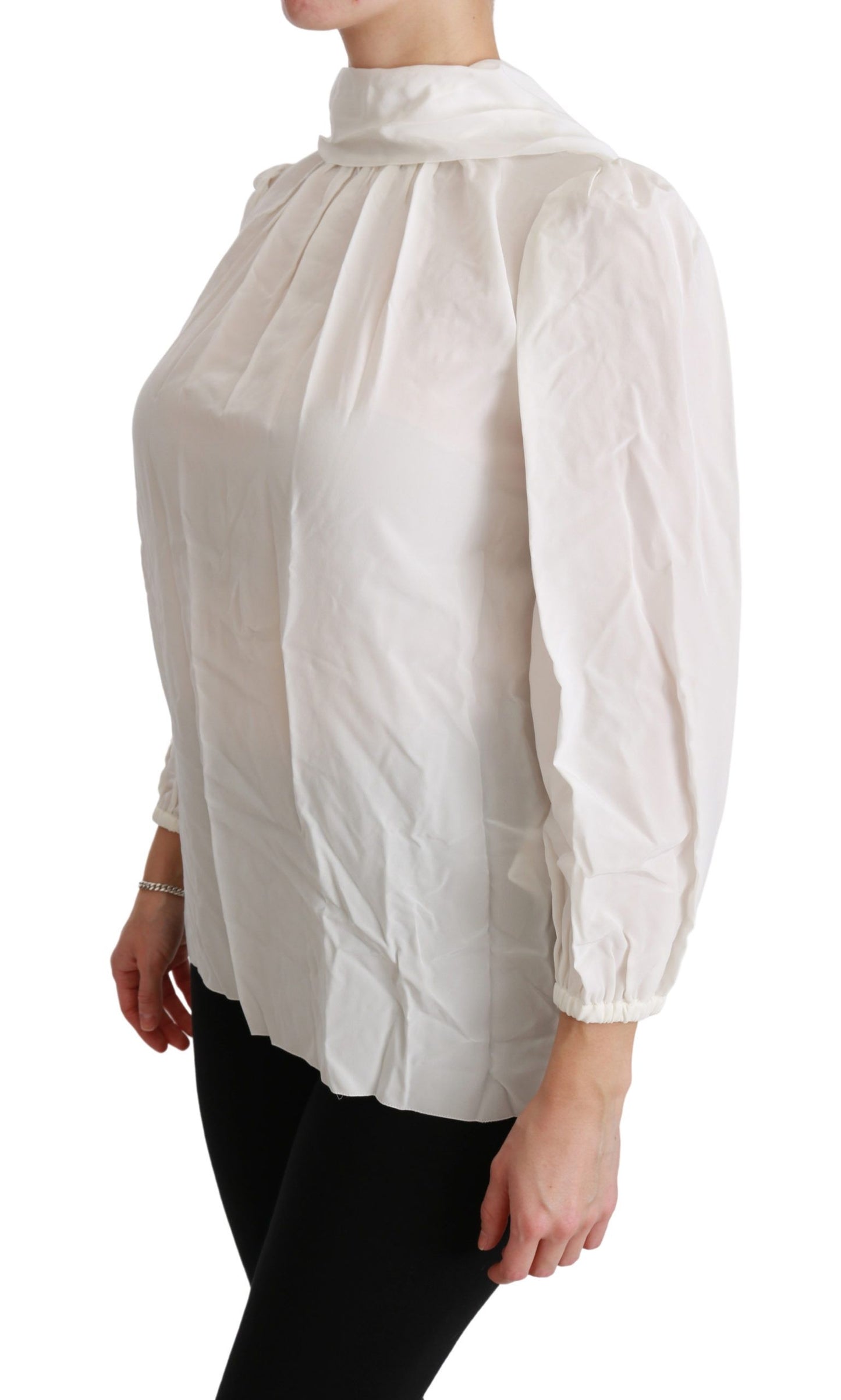  - Elegant White Silk Turtle Neck Blouse