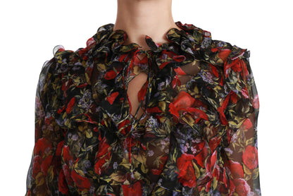  - Elegant Floral Silk Long Sleeve Blouse