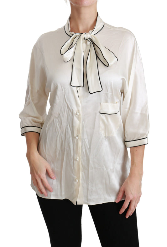  - Elegant Beige Silk Blouse with Bow Scarf