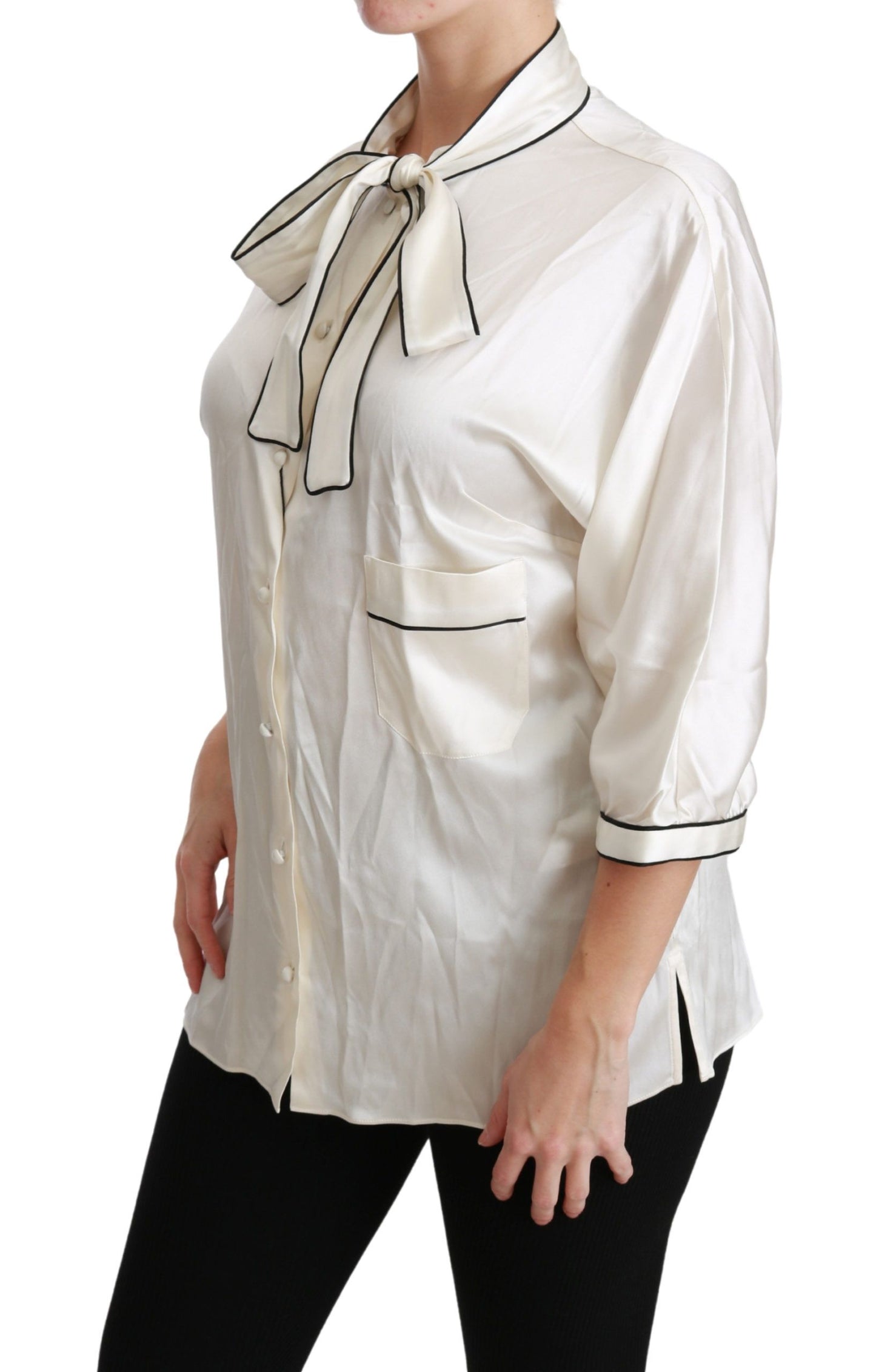  - Elegant Beige Silk Blouse with Bow Scarf