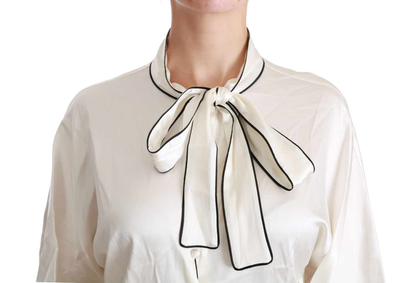  - Elegant Beige Silk Blouse with Bow Scarf