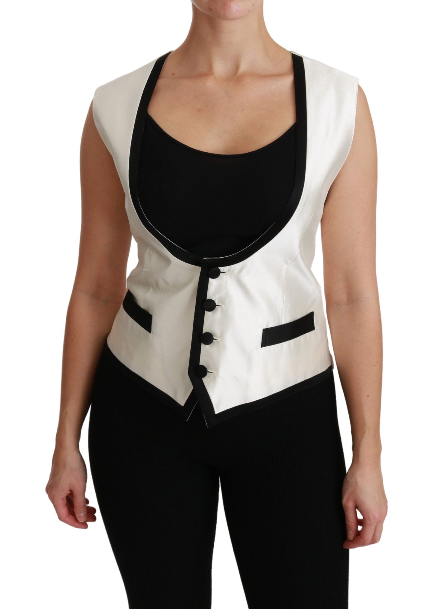  - Elegant Silk Sleeveless Vest in Black & White