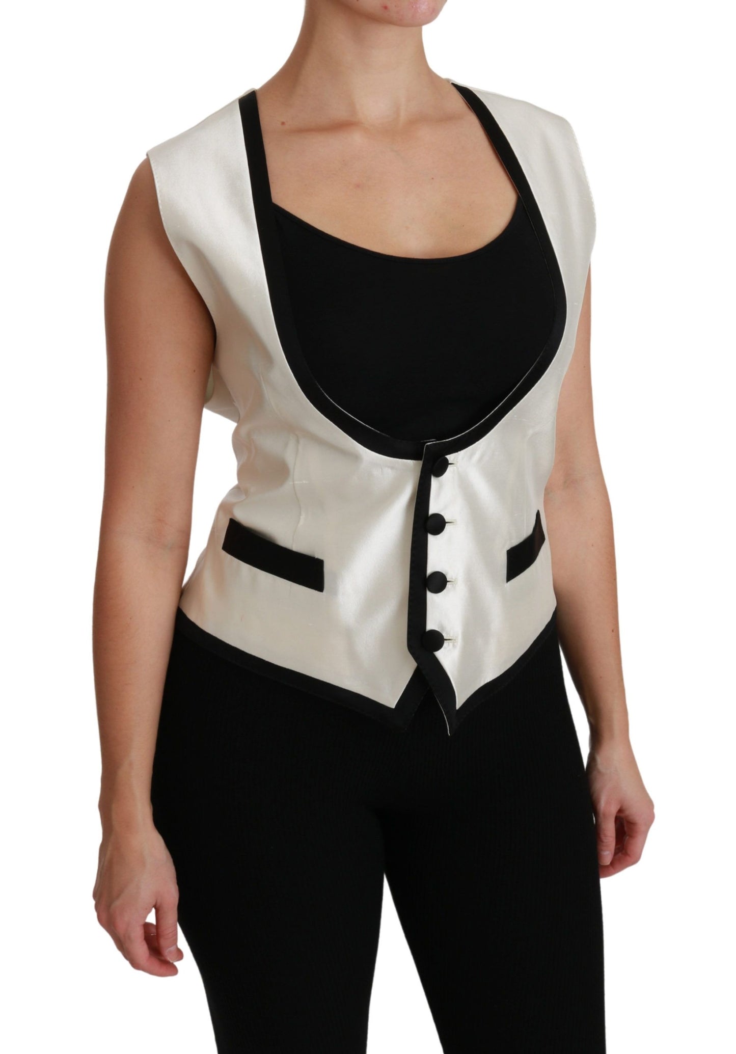  - Elegant Silk Sleeveless Vest in Black & White