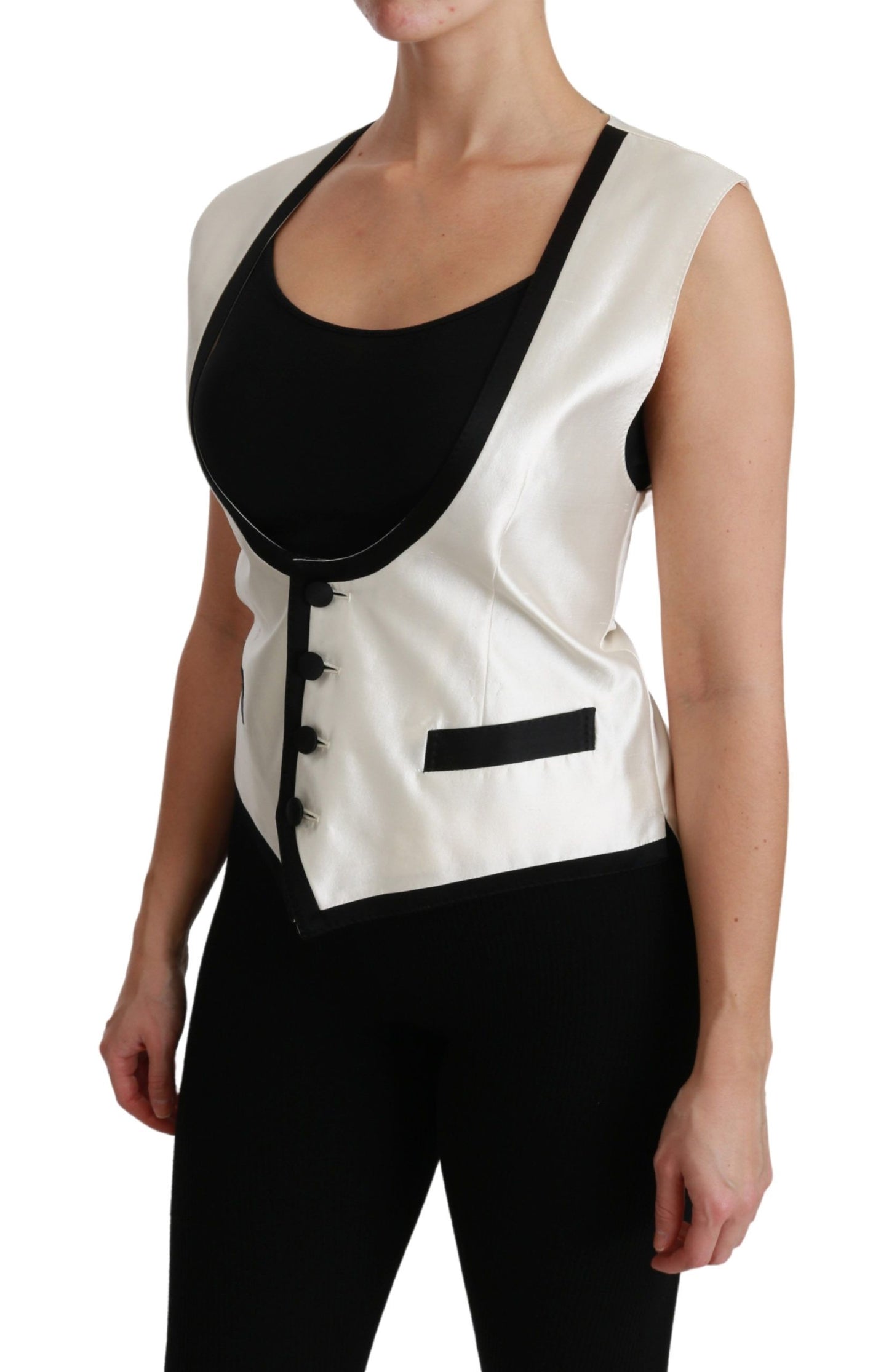  - Elegant Silk Sleeveless Vest in Black & White