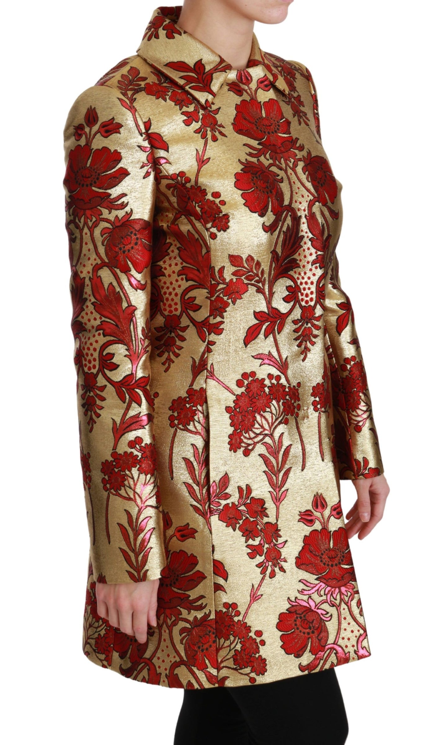  - Elegant Gold Floral Brocade Trench Coat