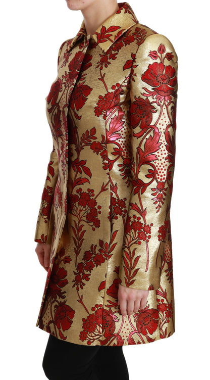  - Elegant Gold Floral Brocade Trench Coat