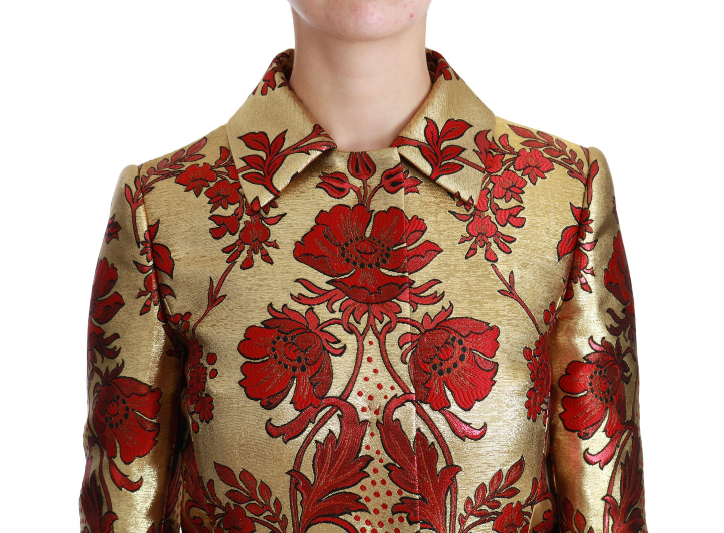  - Elegant Gold Floral Brocade Trench Coat