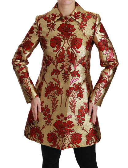  - Elegant Gold Floral Brocade Trench Coat