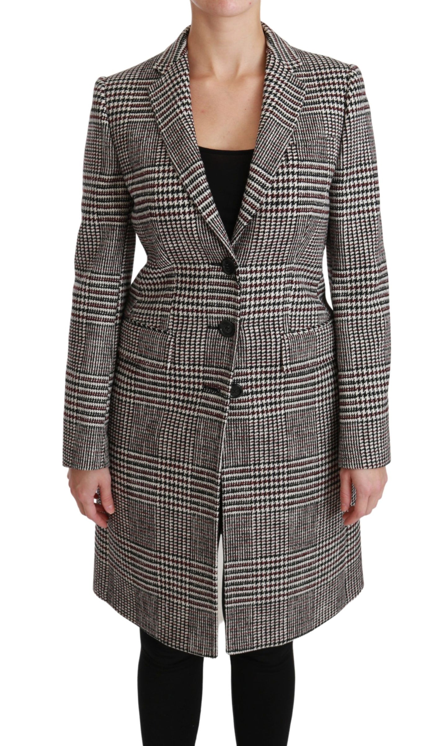  - Elegant Multicolor Checked Knee-Length Jacket Coat