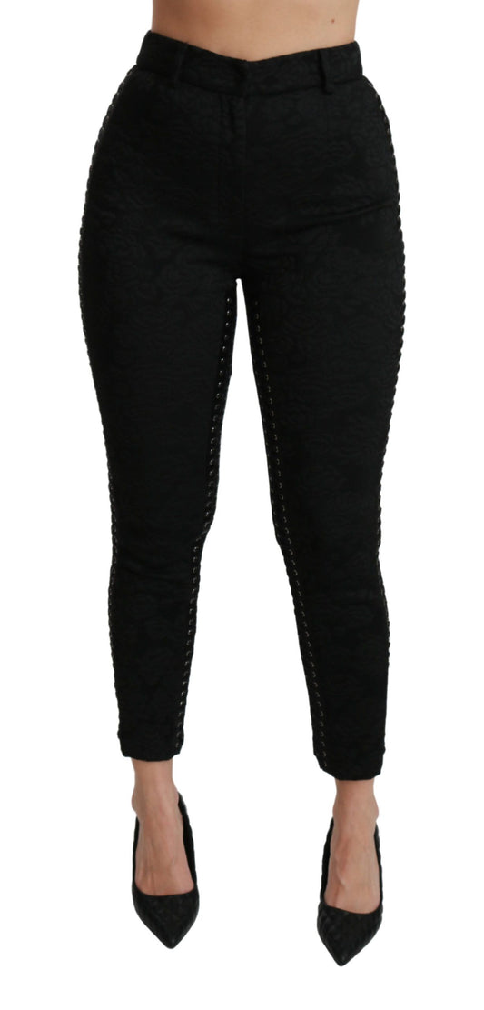 - Elegant High Waist Skinny Black Brocade Pants