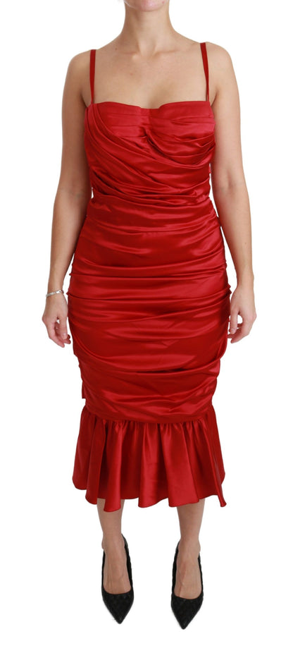  - Exquisite Red Silk Fit and Flare Midi Dress