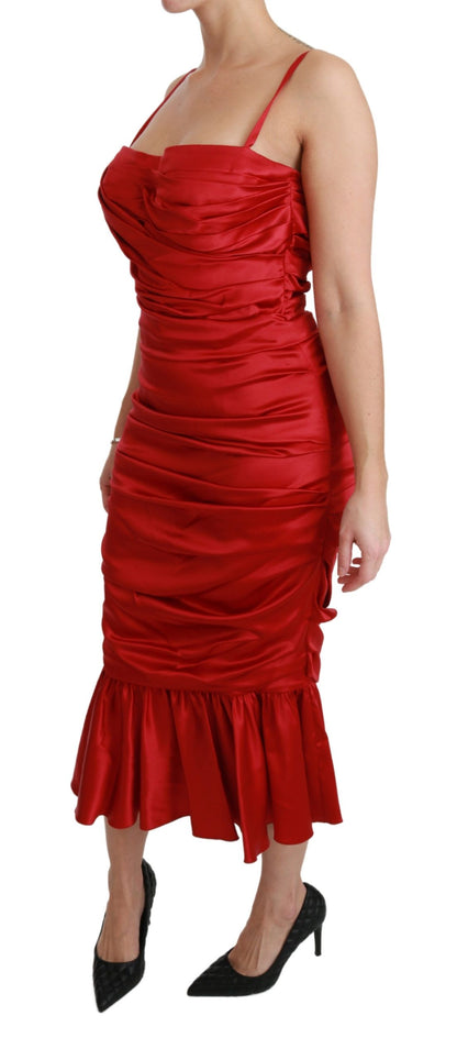  - Exquisite Red Silk Fit and Flare Midi Dress