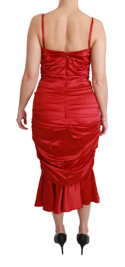  - Exquisite Red Silk Fit and Flare Midi Dress