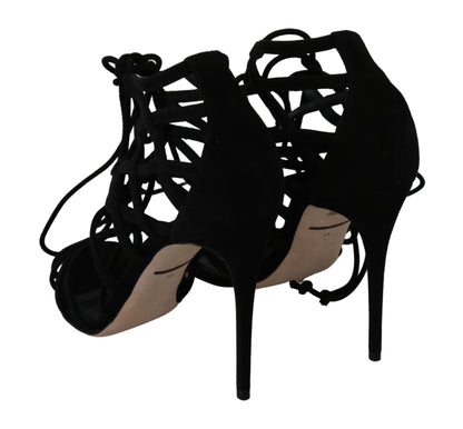  - Elegant Black Suede Stiletto Ankle Strap Sandals