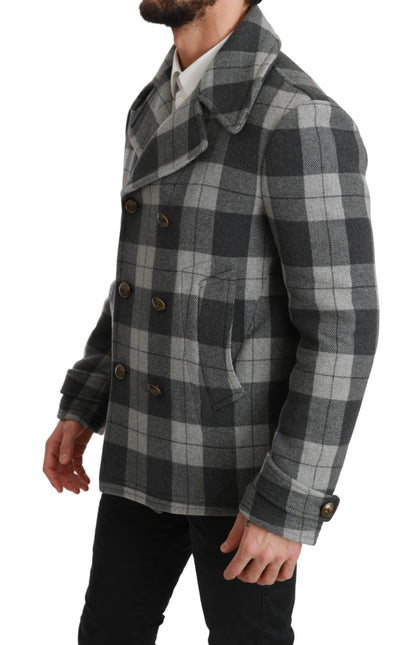  - Elegant Gray Check Double Breasted Coat