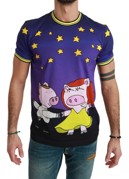  - Purple Cotton Round Neck T-Shirt with Pig Motif