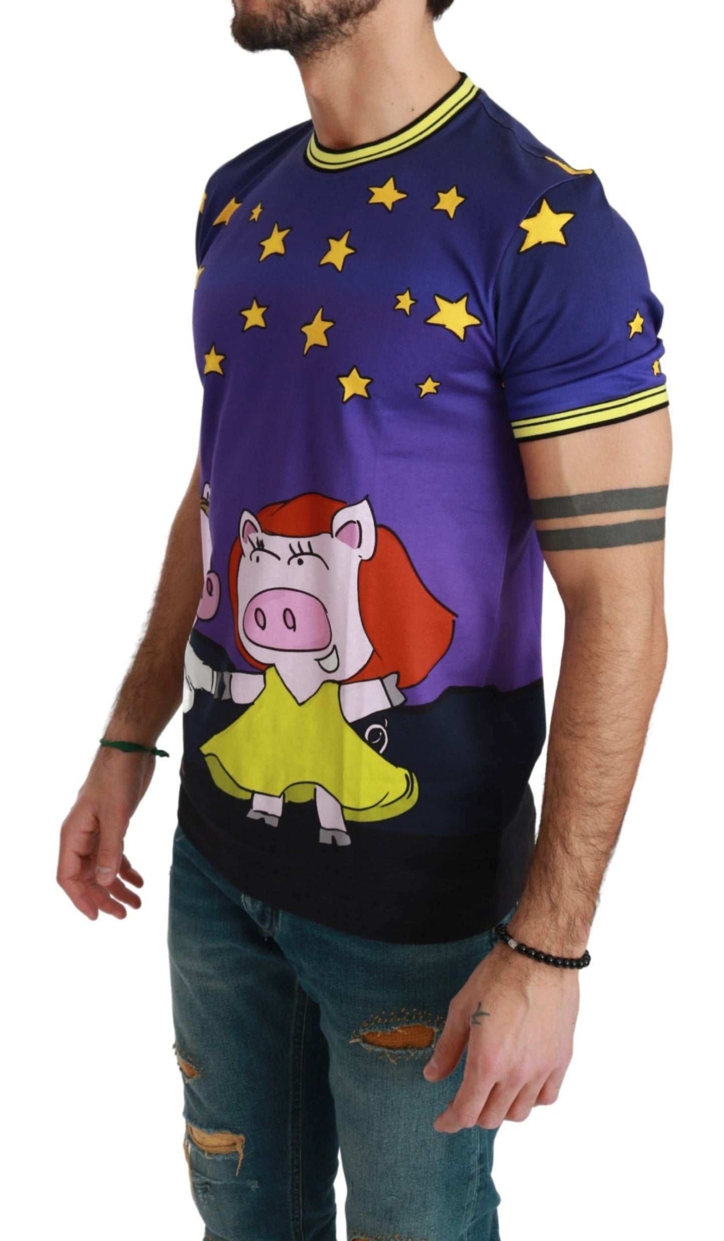  - Purple Cotton Round Neck T-Shirt with Pig Motif