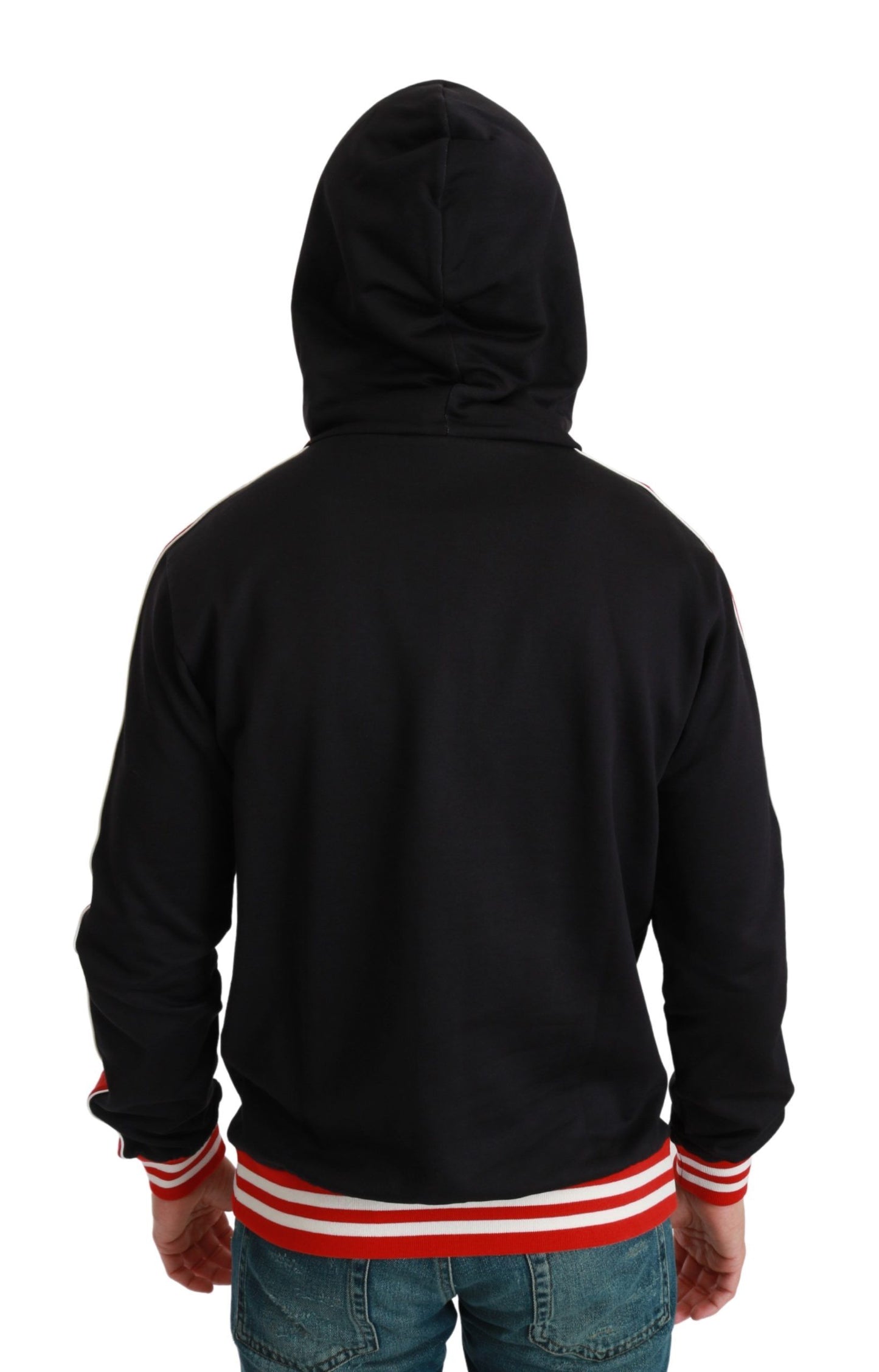  - Elegant Black Hooded Sweater with Multicolor Motif