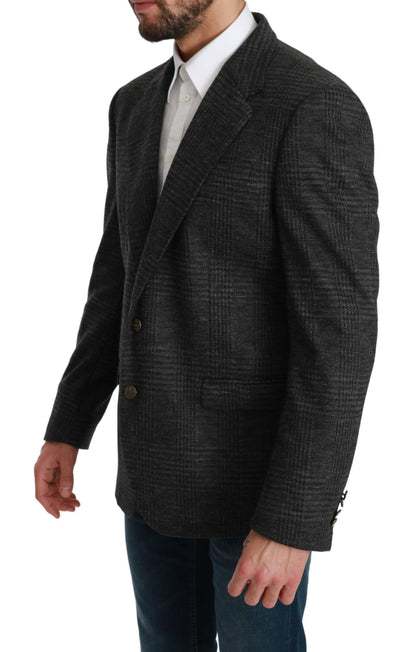  - Elegant Gray Plaid Virgin Wool Blazer