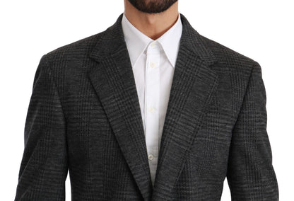  - Elegant Gray Plaid Virgin Wool Blazer