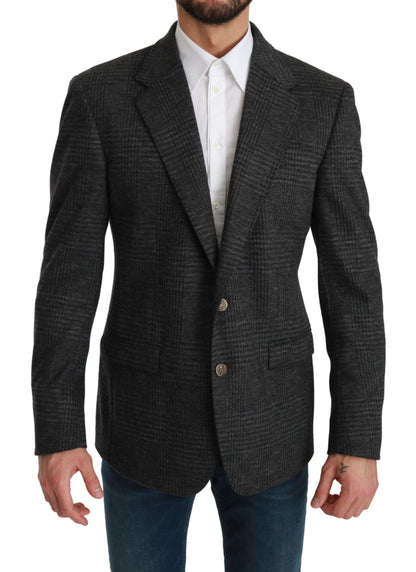  - Elegant Gray Plaid Virgin Wool Blazer