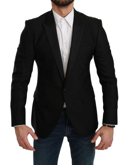  - Elegant Black Polka Dotted Wool Blend Blazer