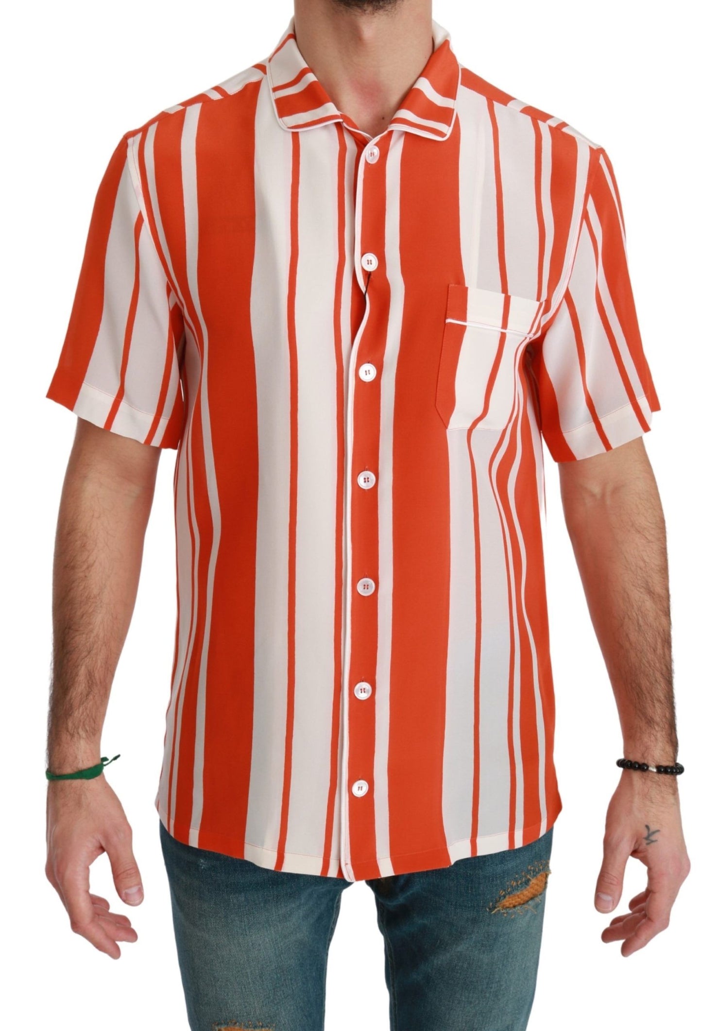 Elegant Striped Silk Shirt - White & Orange - The Luxe Alliance