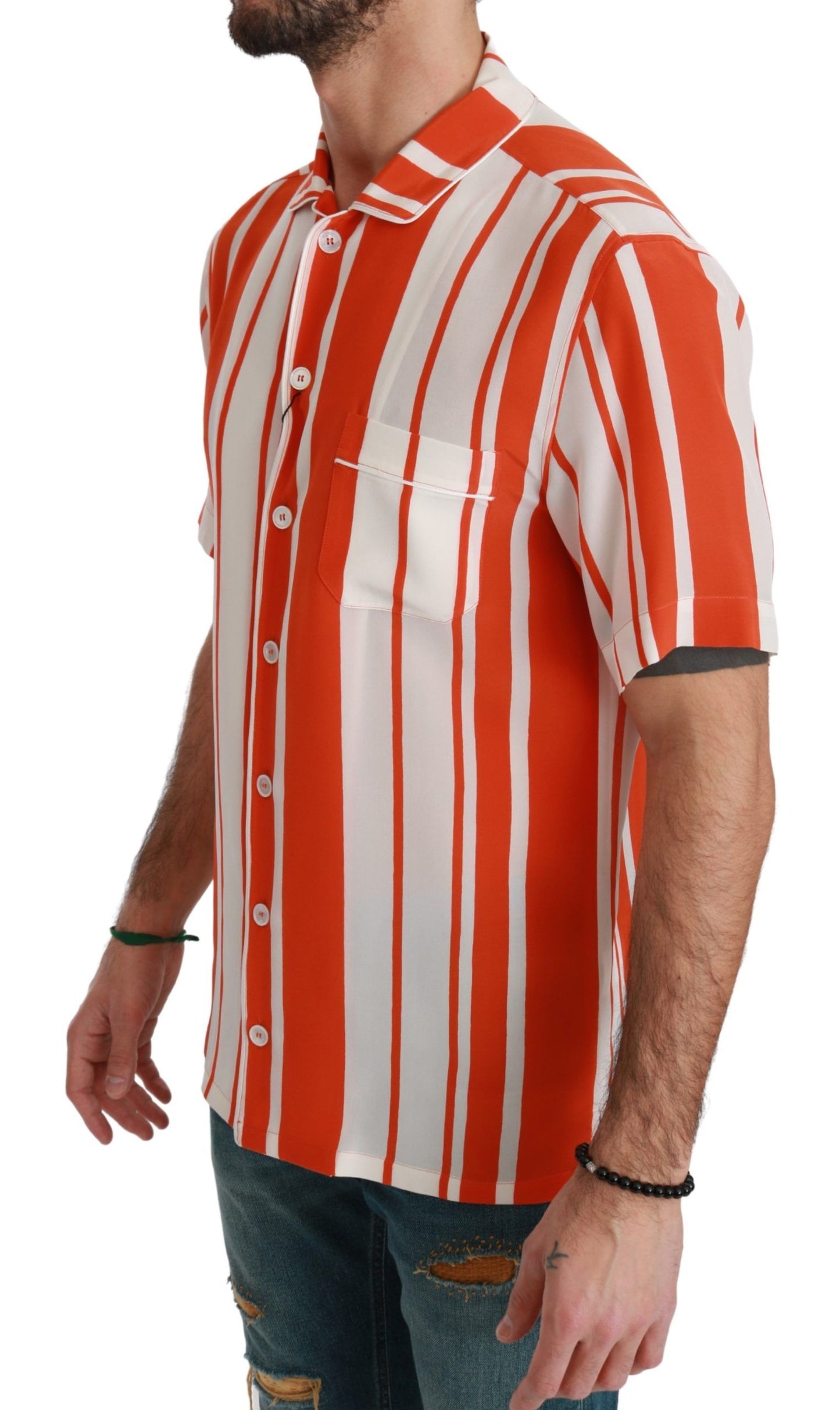  - Elegant Striped Silk Shirt - White & Orange