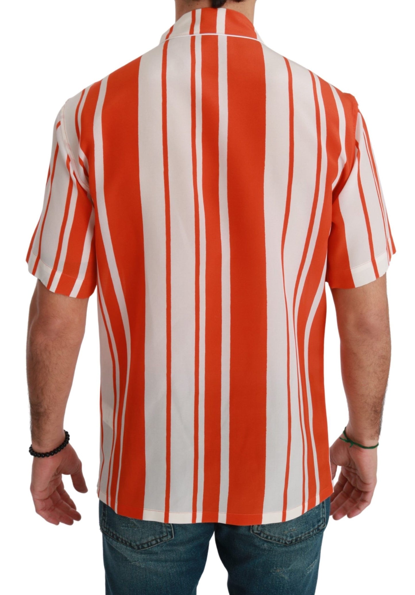  - Elegant Striped Silk Shirt - White & Orange