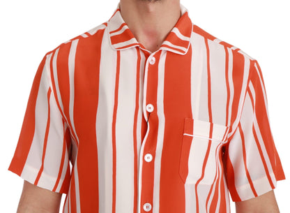  - Elegant Striped Silk Shirt - White & Orange