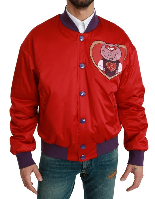  - Vibrant Red Bomber Jacket with Multicolor Motif