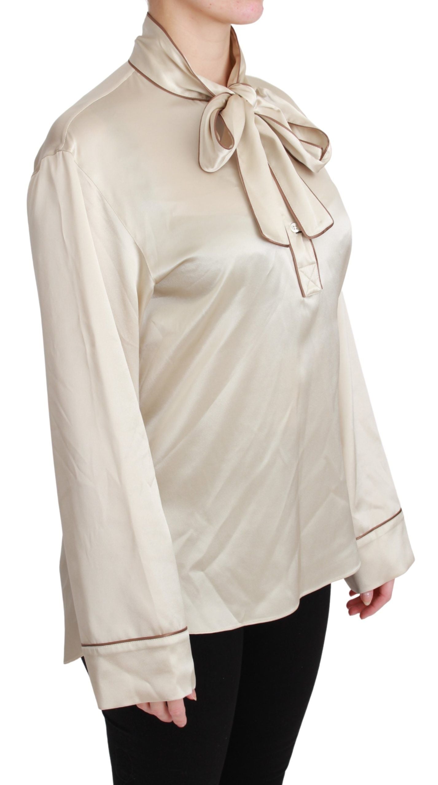  - Elegant Beige Silk Satin Blouse with QUEEN Embroidery