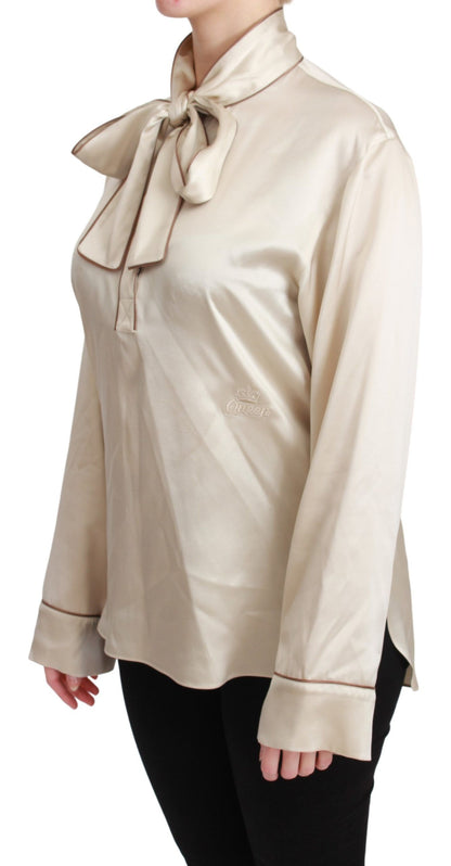  - Elegant Beige Silk Satin Blouse with QUEEN Embroidery