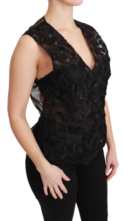  - Elegant Floral Black Silk Blend Vest