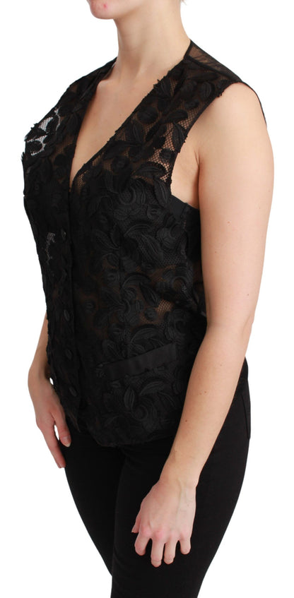  - Elegant Floral Black Silk Blend Vest