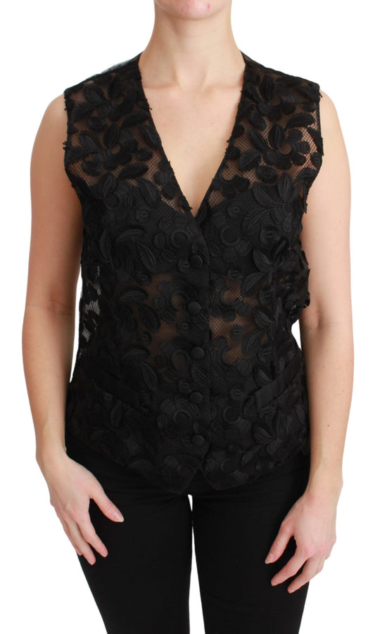  - Elegant Floral Black Silk Blend Vest