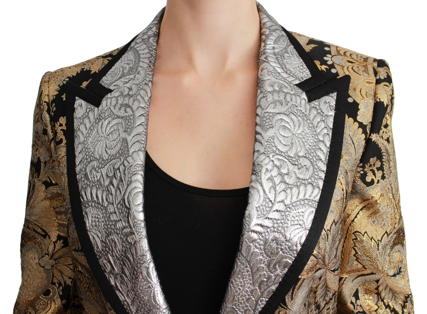  - Elegant Gold Floral Jacquard Blazer