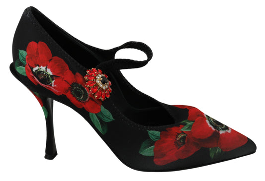  - Floral Mary Janes Pumps with Crystal Detail