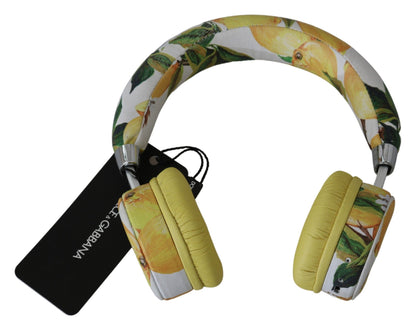 Chic White Leather Headphones with Yellow Print - The Luxe Alliance