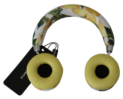 Chic White Leather Headphones with Yellow Print - The Luxe Alliance