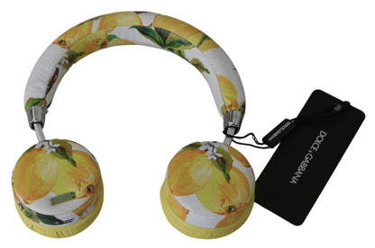 Chic White Leather Headphones with Yellow Print - The Luxe Alliance