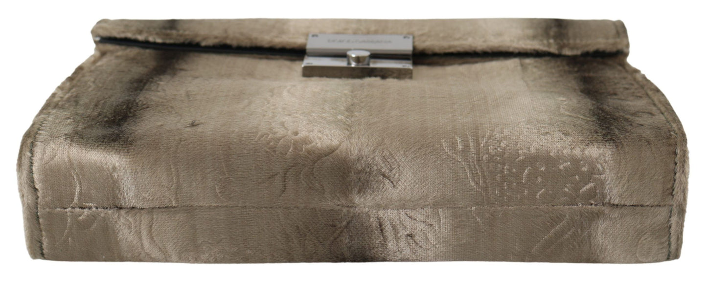  - Beige Velvet Croco-Print Leather Briefcase Clutch