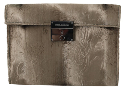  - Beige Velvet Croco-Print Leather Briefcase Clutch